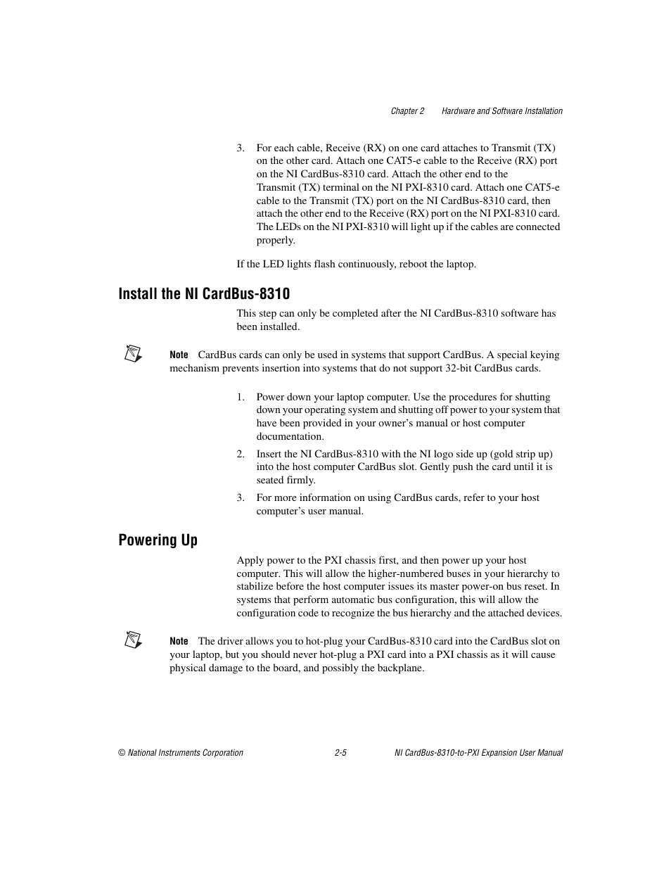 Install the ni cardbus-8310, Powering up, Install the ni cardbus-8310 -5 powering up -5 | National Instruments NI CardBus-8310-to-PXI Expansion User Manual | Page 19 / 43