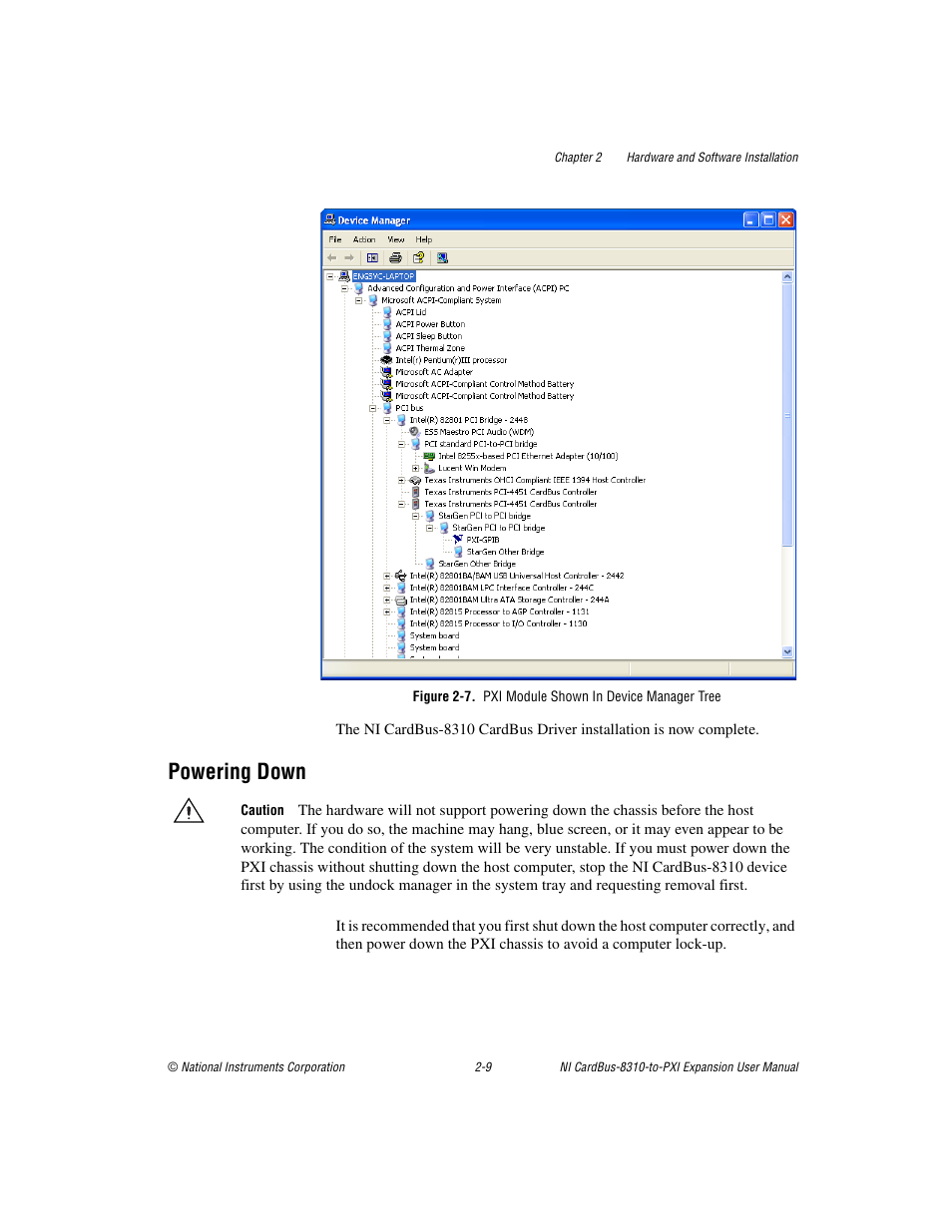 Powering down, Powering down -9 | National Instruments NI CardBus-8310-to-PXI Expansion User Manual | Page 23 / 43