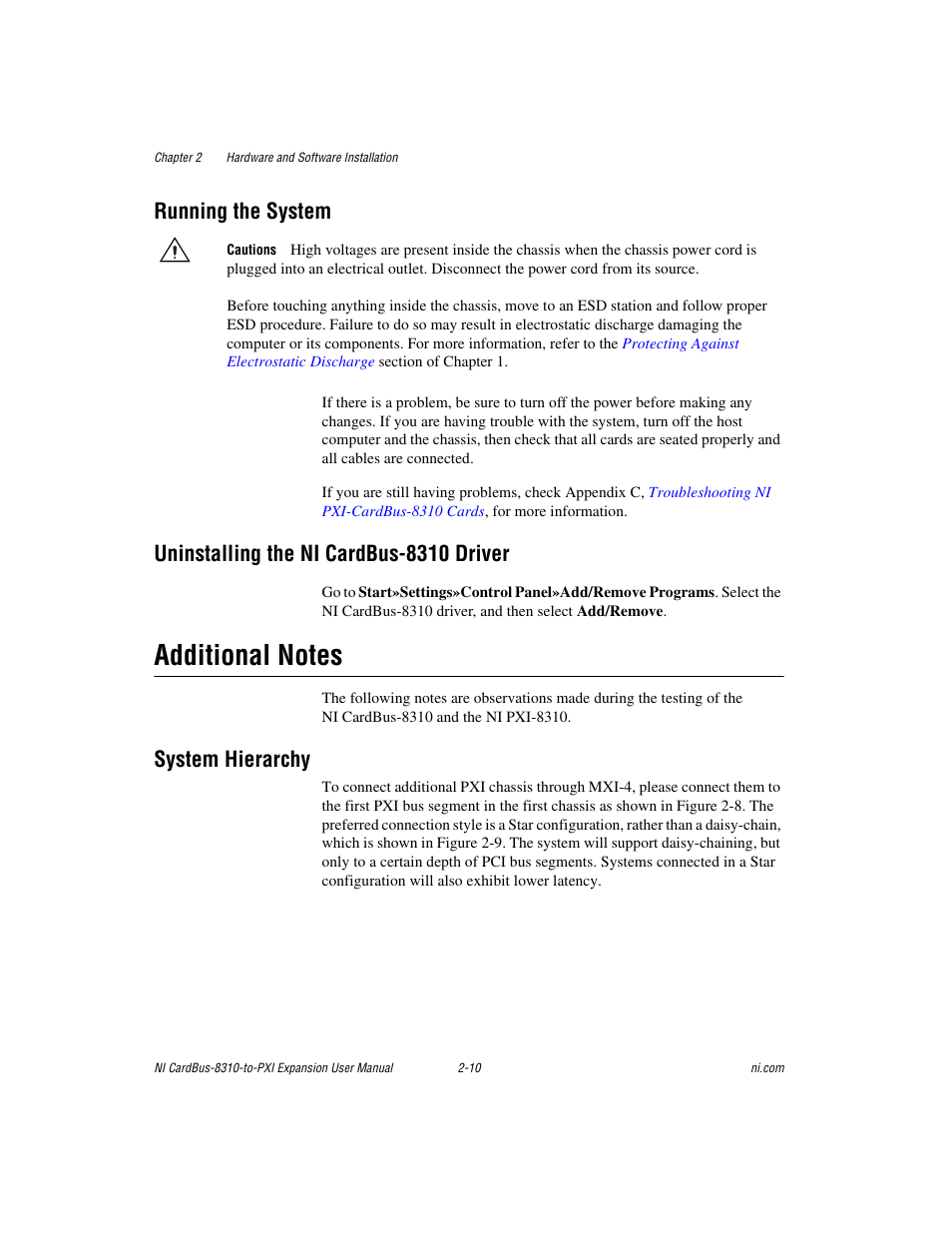 Running the system, Uninstalling the ni cardbus-8310 driver, Additional notes | System hierarchy, Additional notes -10, System hierarchy -10 | National Instruments NI CardBus-8310-to-PXI Expansion User Manual | Page 24 / 43