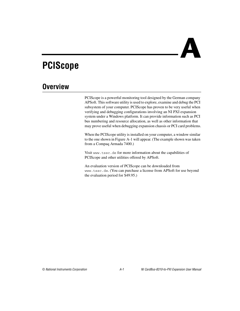 Appendix a pciscope, Pciscope, Overview | National Instruments NI CardBus-8310-to-PXI Expansion User Manual | Page 26 / 43