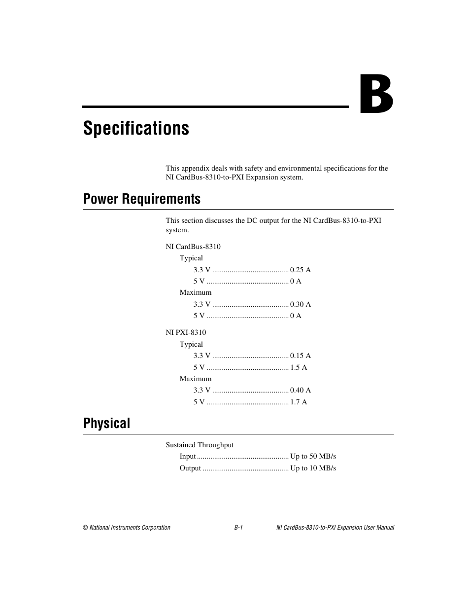 Appendix b specifications, Specifications, Power requirements | Physical | National Instruments NI CardBus-8310-to-PXI Expansion User Manual | Page 28 / 43
