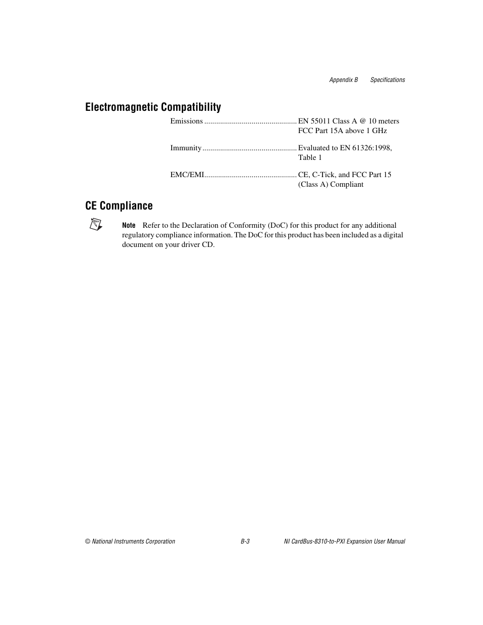 Electromagnetic compatibility, Ce compliance | National Instruments NI CardBus-8310-to-PXI Expansion User Manual | Page 30 / 43