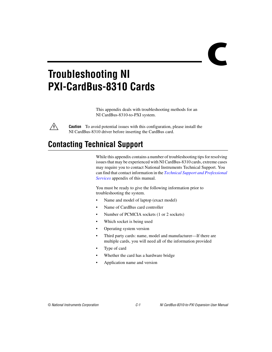 Contacting technical support, Troubleshooting ni pxi-cardbus-8310 cards, Troubleshooting ni | Pxi-cardbus-8310 cards | National Instruments NI CardBus-8310-to-PXI Expansion User Manual | Page 31 / 43