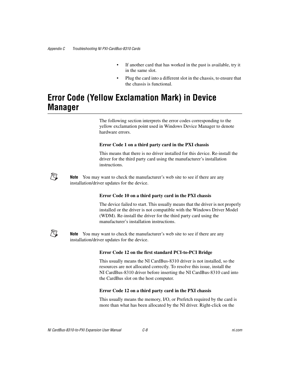 Error code (yellow exclamation mark) in, Device manager | National Instruments NI CardBus-8310-to-PXI Expansion User Manual | Page 38 / 43
