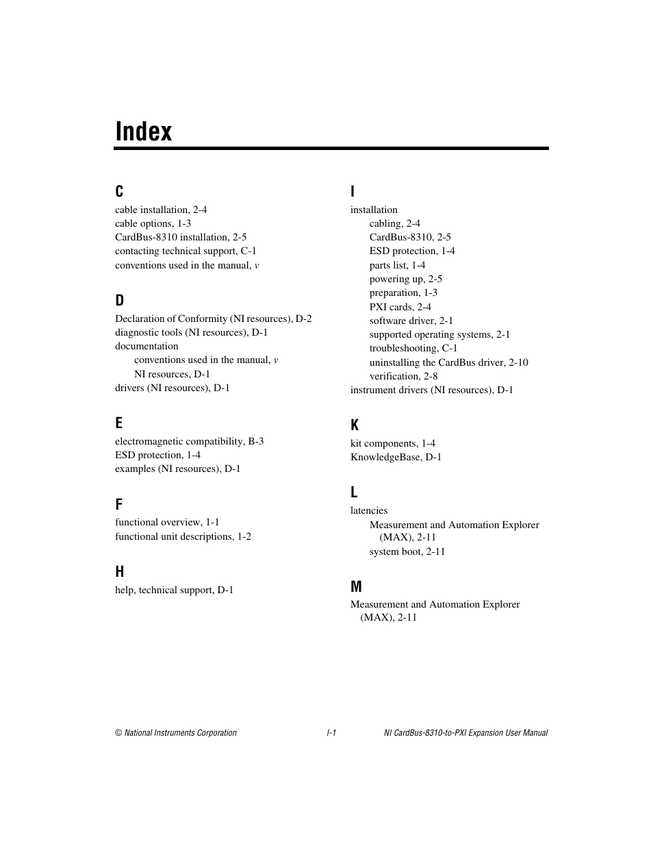 Index | National Instruments NI CardBus-8310-to-PXI Expansion User Manual | Page 42 / 43