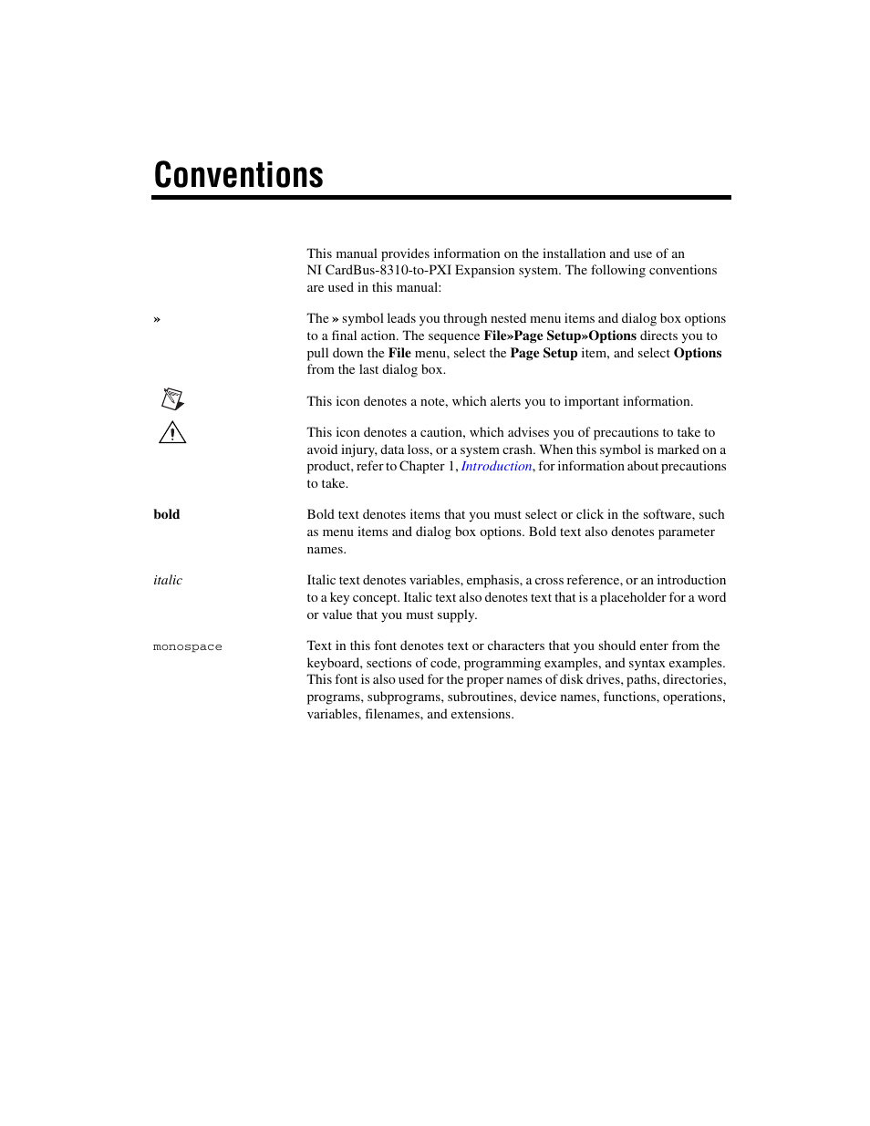 Conventions | National Instruments NI CardBus-8310-to-PXI Expansion User Manual | Page 5 / 43
