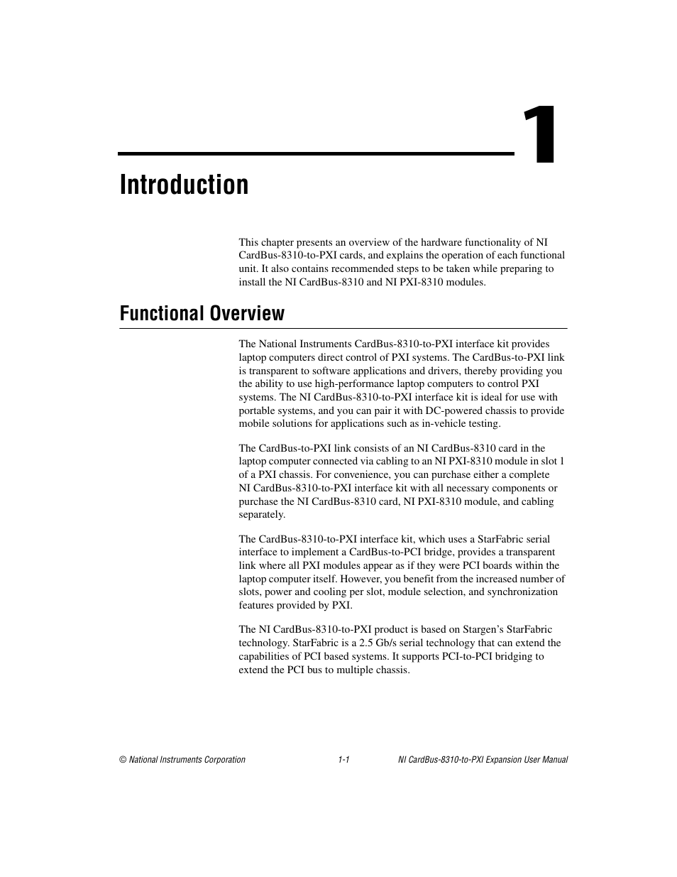 Chapter 1 introduction, Functional overview, Functional overview -1 | Introduction | National Instruments NI CardBus-8310-to-PXI Expansion User Manual | Page 8 / 43