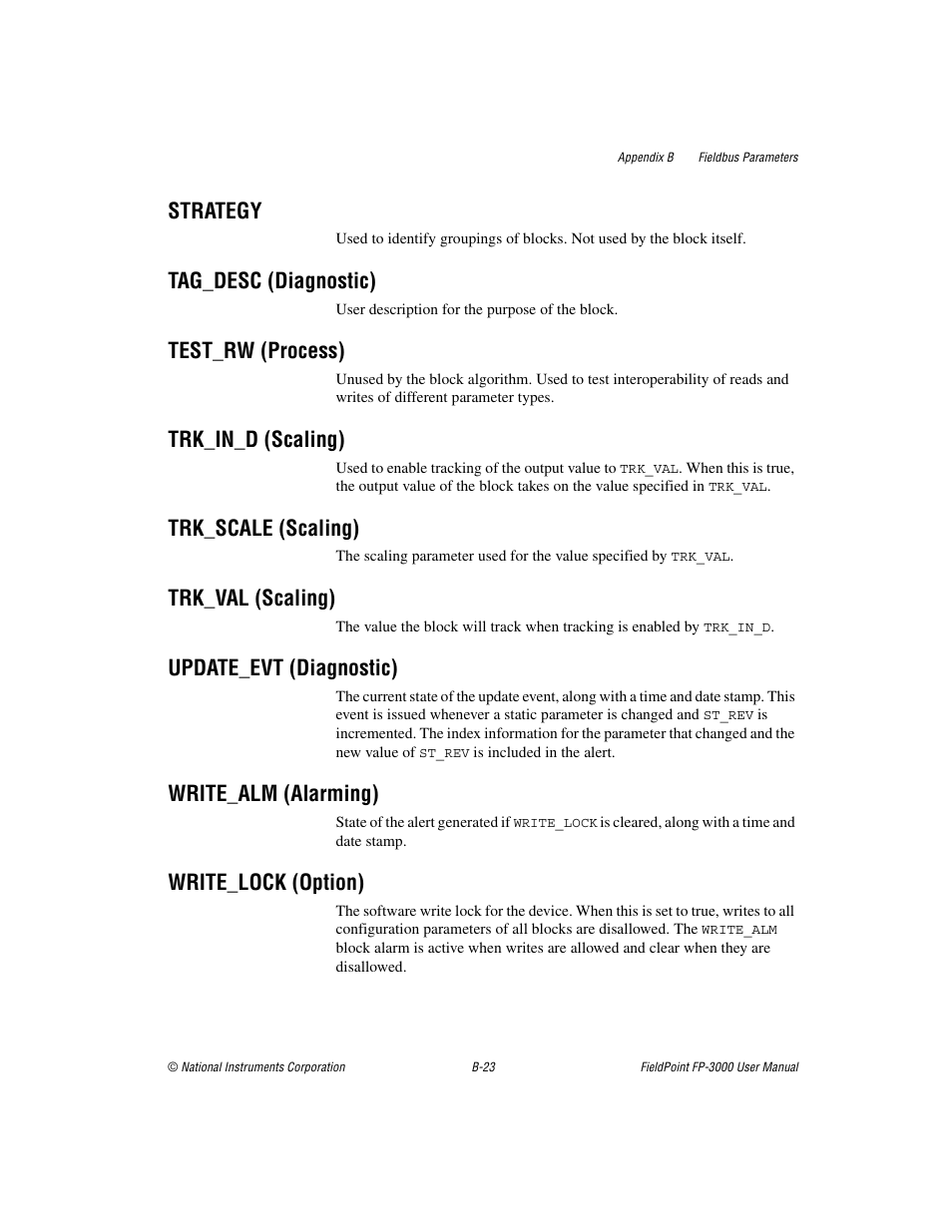 Strategy, Tag_desc (diagnostic), Test_rw (process) | Trk_in_d (scaling), Trk_scale (scaling), Trk_val (scaling), Update_evt (diagnostic), Write_alm (alarming), Write_lock (option) | National Instruments FP-3000 User Manual | Page 101 / 155