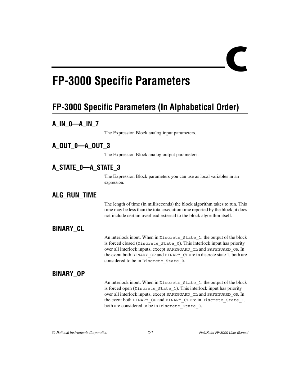 Appendix c fp-3000 specific parameters, A_in_0—a_in_7, A_out_0—a_out_3 | A_state_0—a_state_3, Binary_cl, Binary_op, Fp-3000 specific parameters, Alg_run_time | National Instruments FP-3000 User Manual | Page 103 / 155