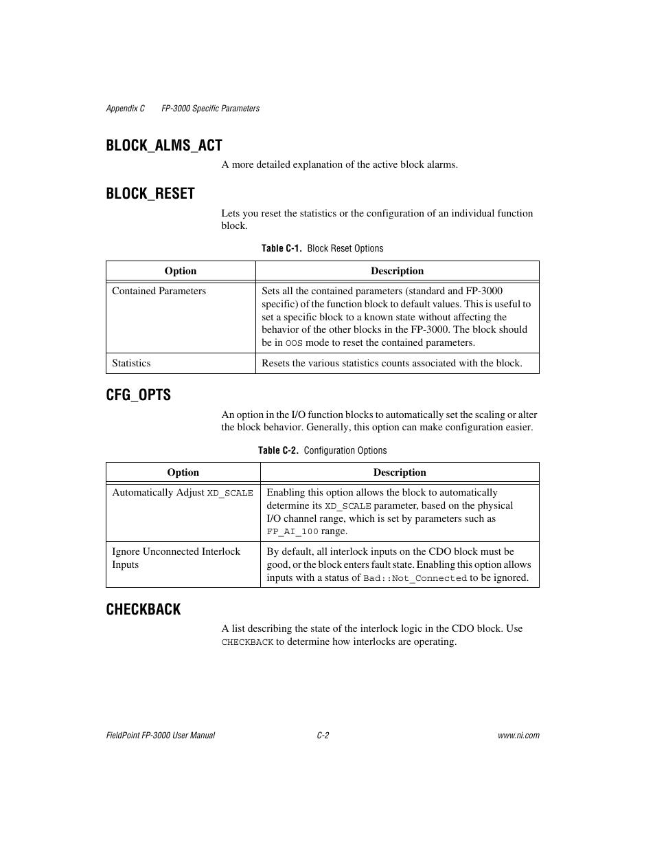 Block_alms_act, Block_reset, Table c-1. block reset options | Cfg_opts, Table c-2. configuration options, Checkback | National Instruments FP-3000 User Manual | Page 104 / 155