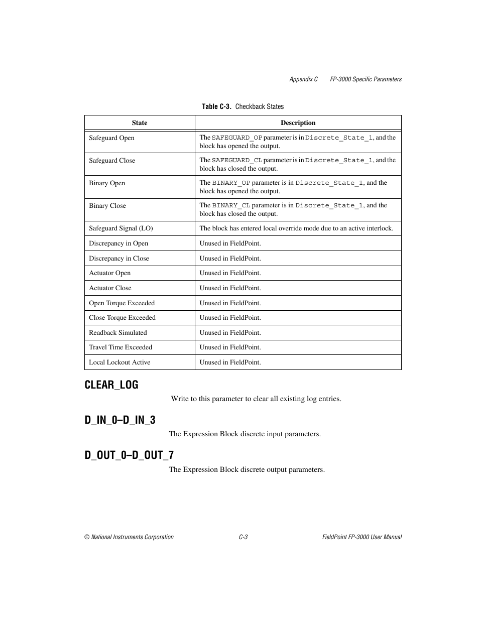 Table c-3. checkback states, Clear_log, D_in_0–d_in_3 | D_out_0–d_out_7 | National Instruments FP-3000 User Manual | Page 105 / 155