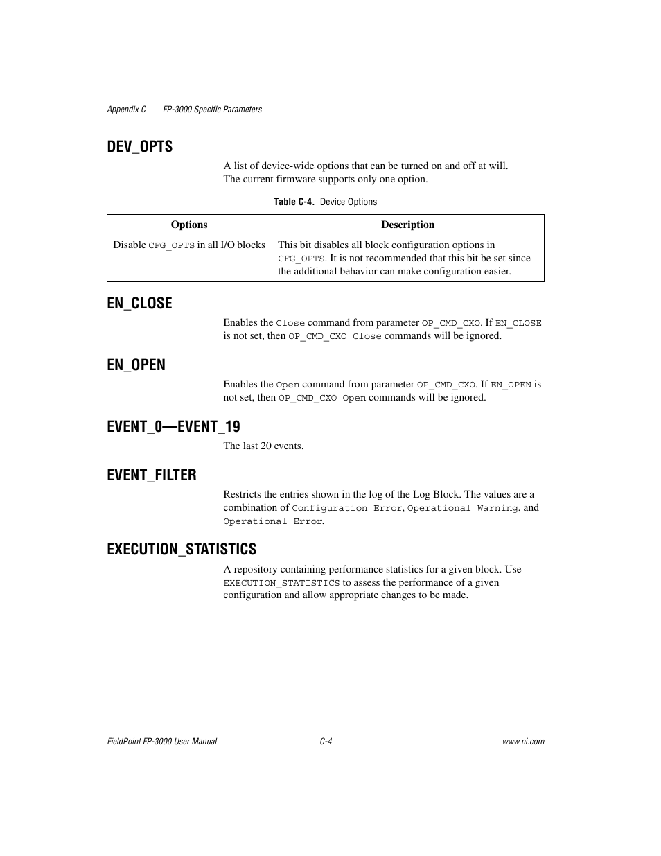 Dev_opts, Table c-4. device options, En_close | En_open, Event_0—event_19, Event_filter, Execution_statistics | National Instruments FP-3000 User Manual | Page 106 / 155