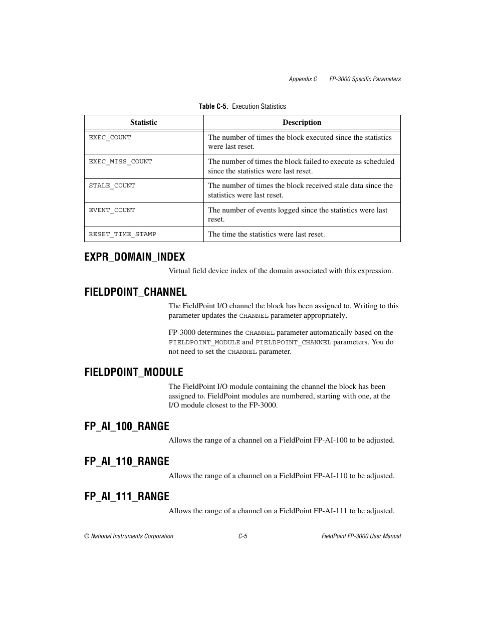 Table c-5. execution statistics, Expr_domain_index, Fieldpoint_channel | Fieldpoint_module, Fp_ai_100_range, Fp_ai_110_range, Fp_ai_111_range | National Instruments FP-3000 User Manual | Page 107 / 155