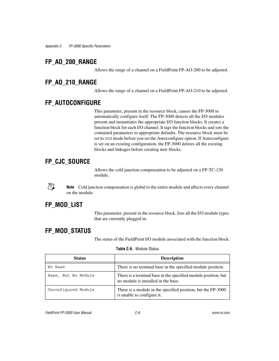 Fp_ao_200_range, Fp_ao_210_range, Fp_autoconfigure | Fp_cjc_source, Fp_mod_list, Fp_mod_status, Table c-6. module status | National Instruments FP-3000 User Manual | Page 108 / 155