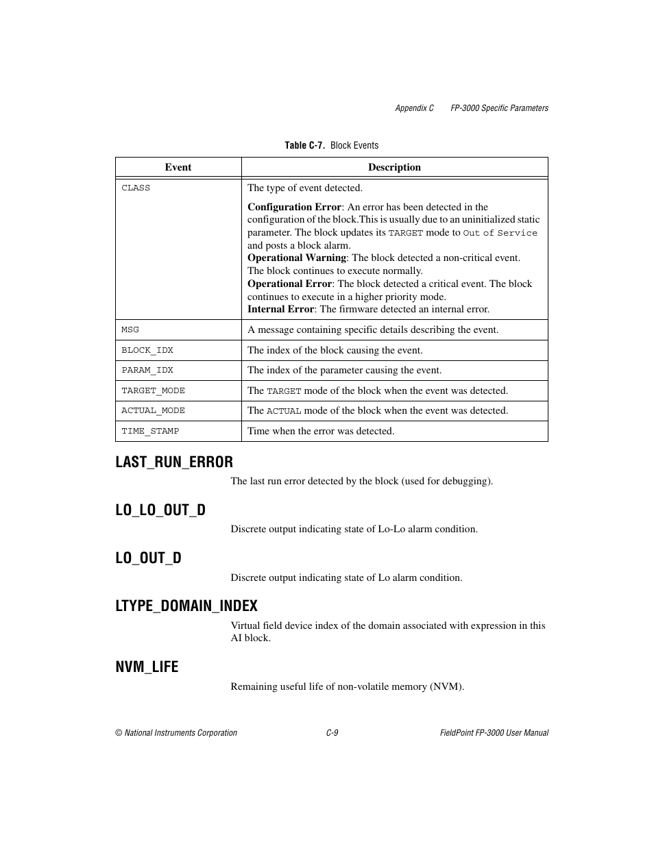 Table c-7. block events, Last_run_error, Lo_lo_out_d | Lo_out_d, Ltype_domain_index, Nvm_life | National Instruments FP-3000 User Manual | Page 111 / 155