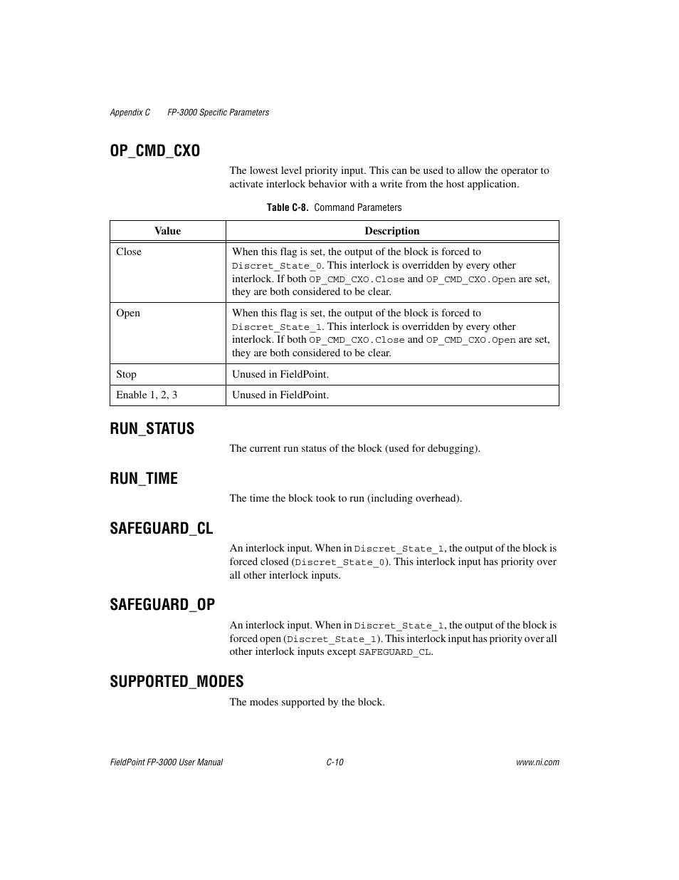 Op_cmd_cxo, Table c-8. command parameters, Run_status | Run_time, Safeguard_cl, Safeguard_op, Supported_modes | National Instruments FP-3000 User Manual | Page 112 / 155