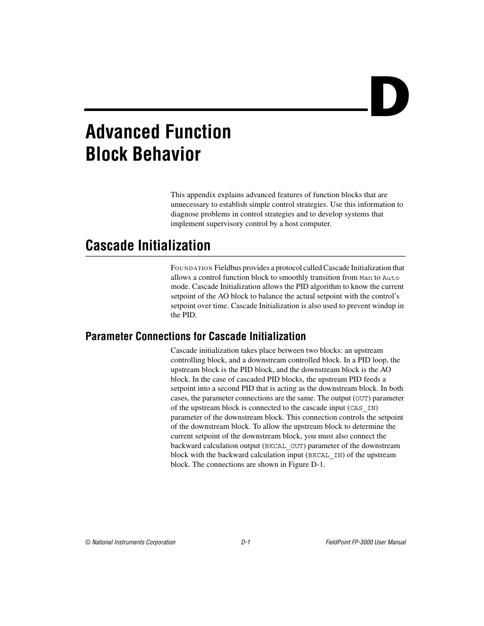 Appendix d advanced function block behavior, Cascade initialization, Parameter connections for cascade initialization | Advanced function block behavior, Advanced, Function block behavior | National Instruments FP-3000 User Manual | Page 114 / 155