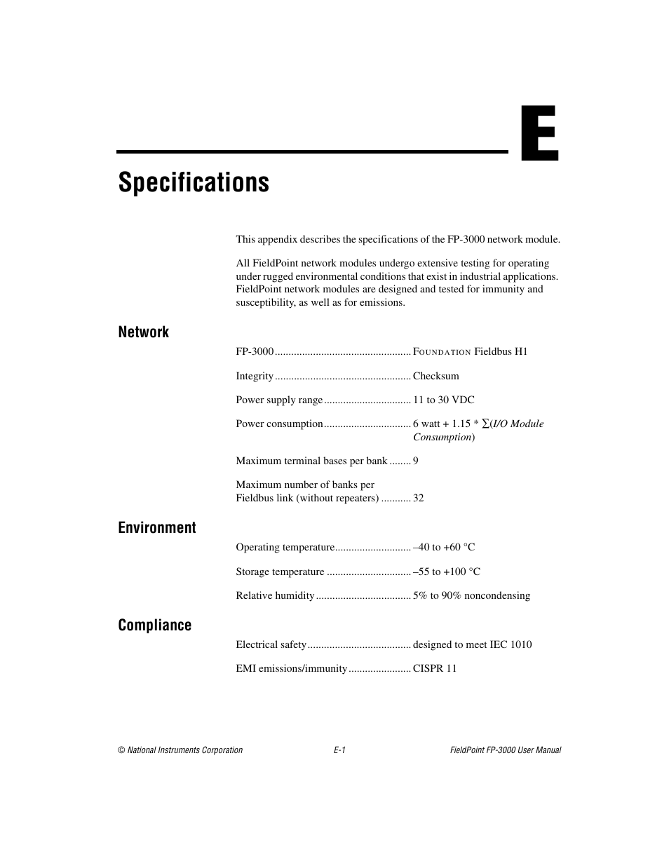 Appendix e specifications, Network, Environment | Compliance, Specifications | National Instruments FP-3000 User Manual | Page 118 / 155