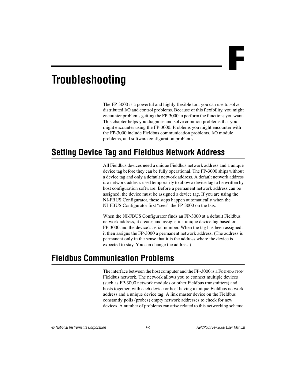 Appendix f troubleshooting, Setting device tag and fieldbus network address, Fieldbus communication problems | Troubleshooting | National Instruments FP-3000 User Manual | Page 119 / 155