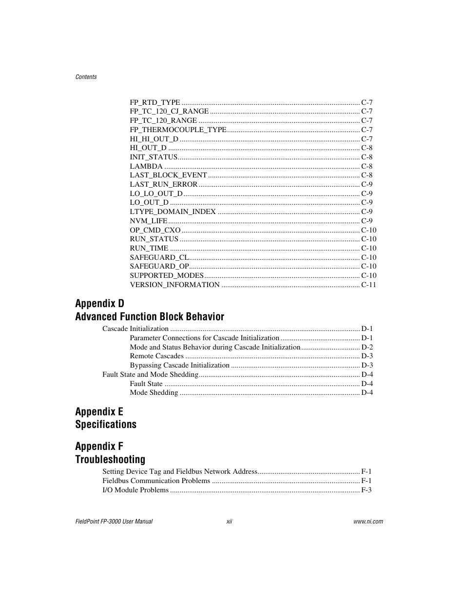 Appendix d advanced function block behavior | National Instruments FP-3000 User Manual | Page 12 / 155