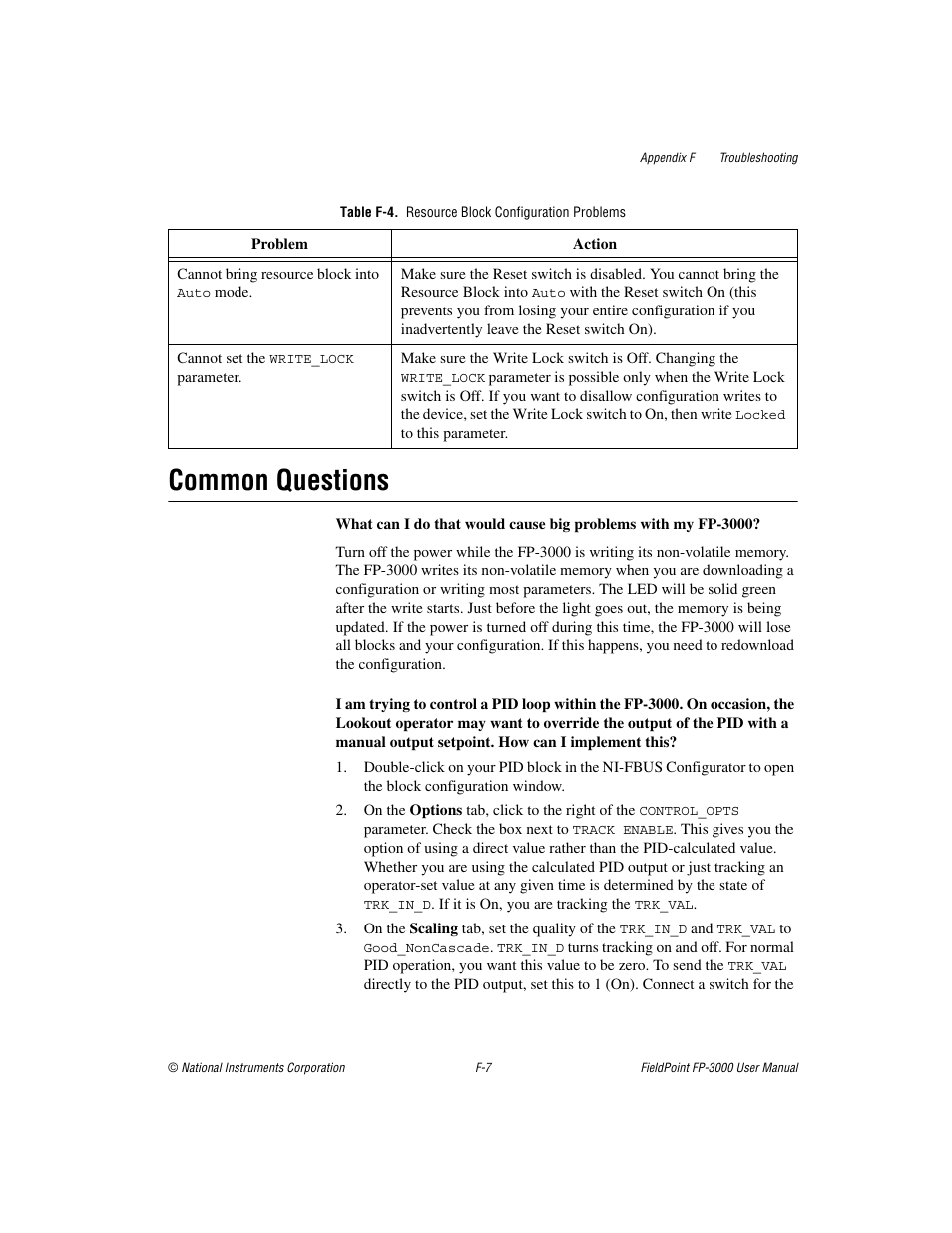 Table f-4. resource block configuration problems, Common questions, Ble f-4 | National Instruments FP-3000 User Manual | Page 125 / 155