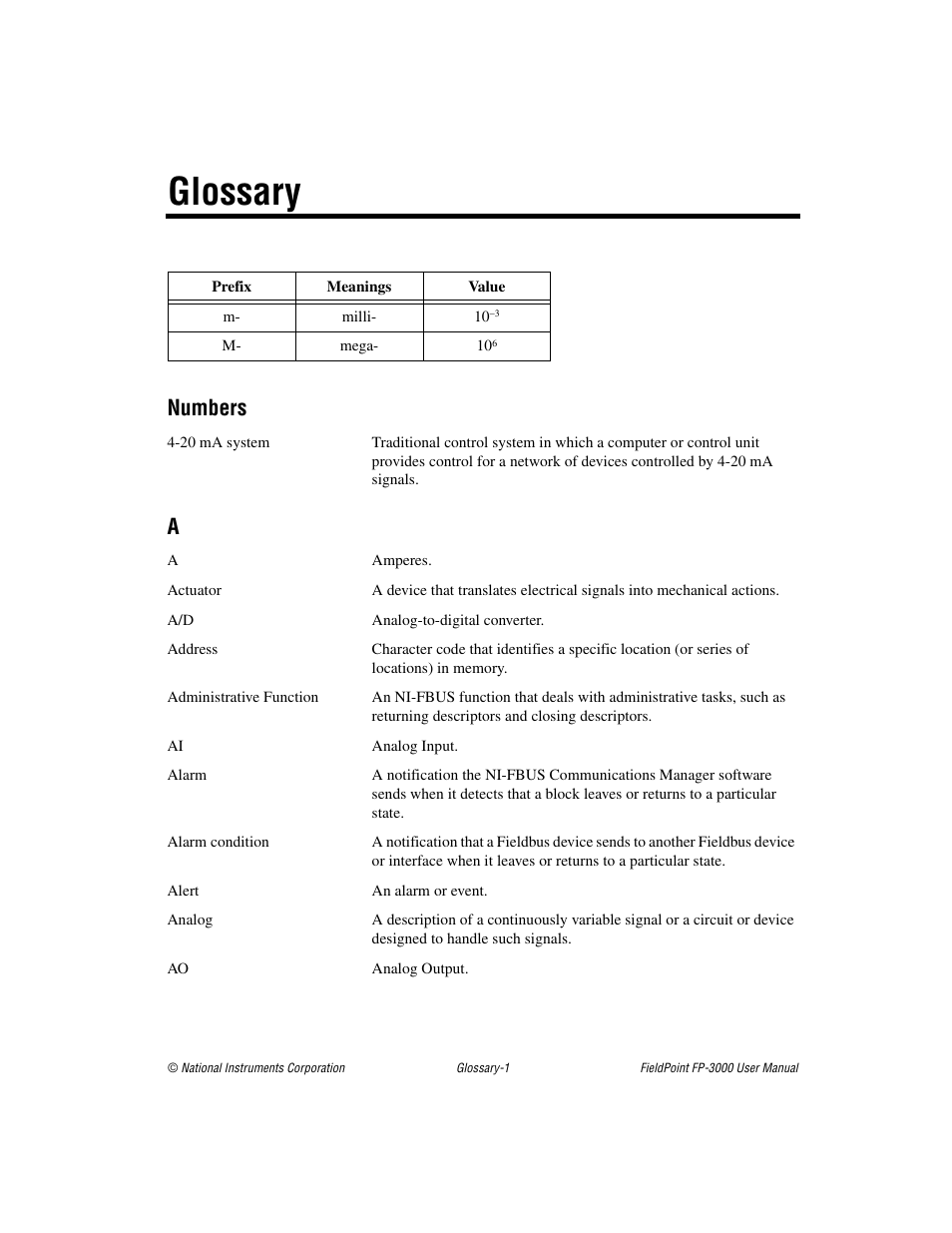 Glossary, Numbers | National Instruments FP-3000 User Manual | Page 133 / 155