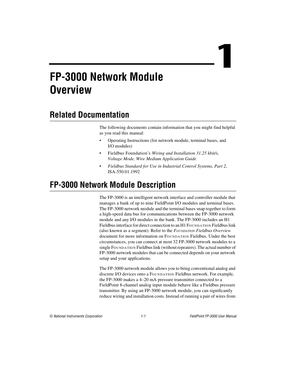 Chapter 1 fp-3000 network module overview, Related documentation, Fp-3000 network module description | Fp-3000 network module overview | National Instruments FP-3000 User Manual | Page 14 / 155