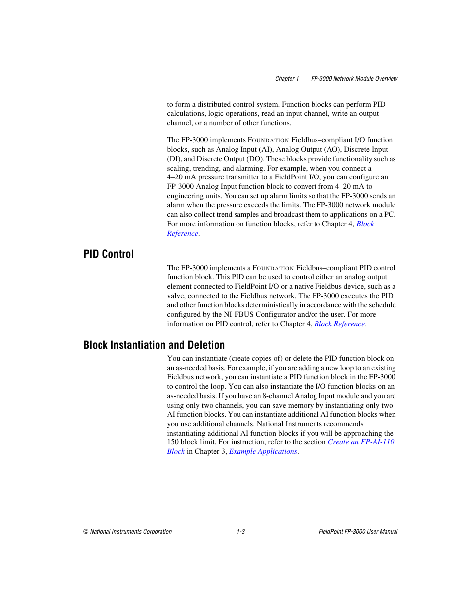 Pid control, Block instantiation and deletion, Pid control -3 block instantiation and deletion -3 | National Instruments FP-3000 User Manual | Page 16 / 155