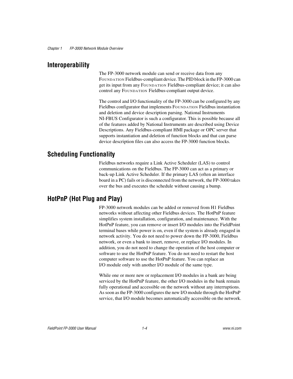 Interoperability, Scheduling functionality, Hotpnp (hot plug and play) | National Instruments FP-3000 User Manual | Page 17 / 155