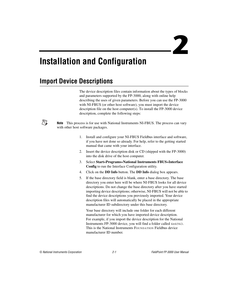 Chapter 2 installation and configuration, Import device descriptions, Import device descriptions -1 | Installation and configuration | National Instruments FP-3000 User Manual | Page 19 / 155