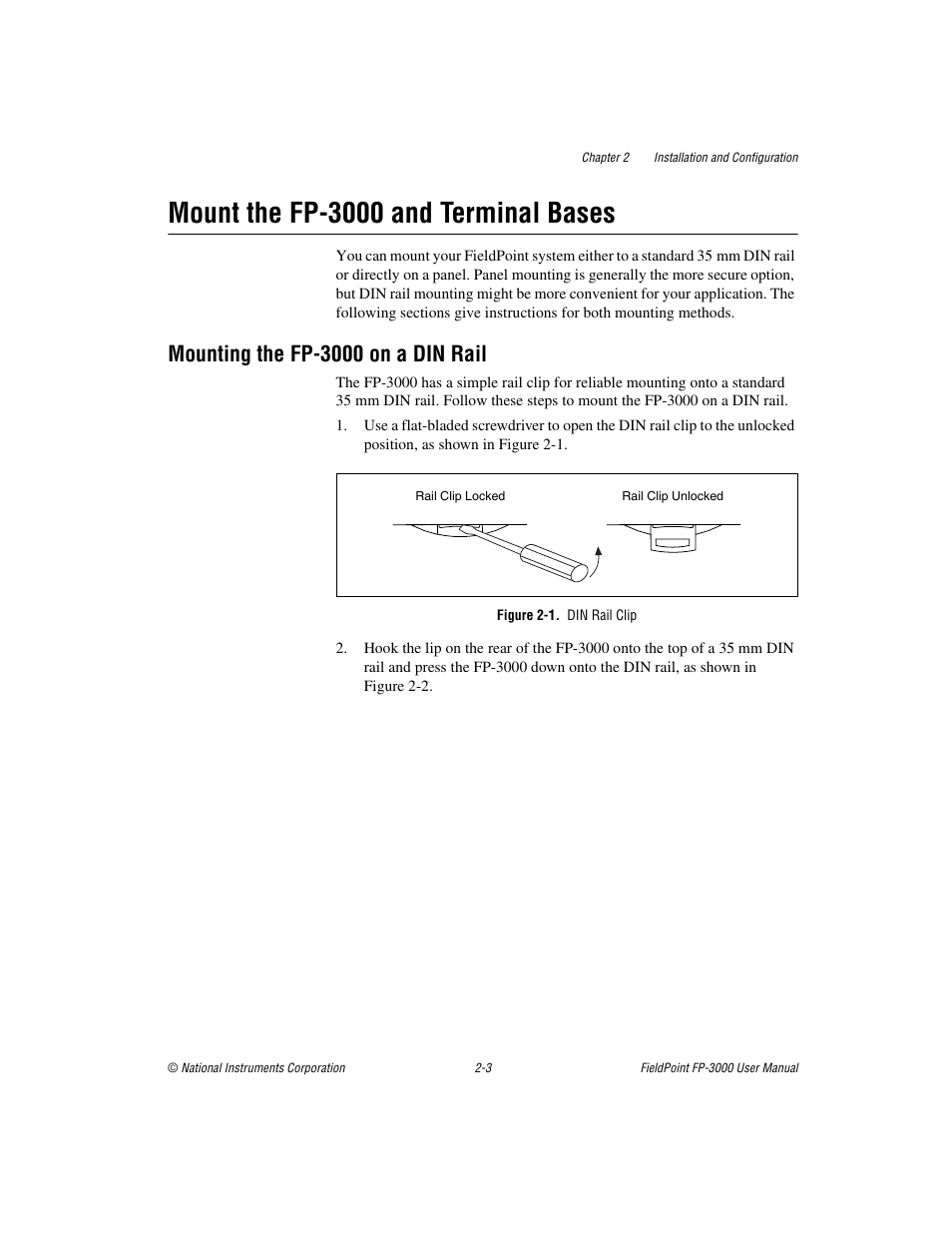 Mount the fp-3000 and terminal bases, Mounting the fp-3000 on a din rail, Figure 2-1. din rail clip | Mount the fp-3000 and terminal bases -3, Mounting the fp-3000 on a din rail -3 | National Instruments FP-3000 User Manual | Page 21 / 155