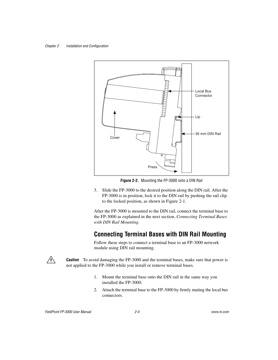 Figure 2-2. mounting the fp-3000 onto a din rail, Connecting terminal bases with din rail mounting | National Instruments FP-3000 User Manual | Page 22 / 155