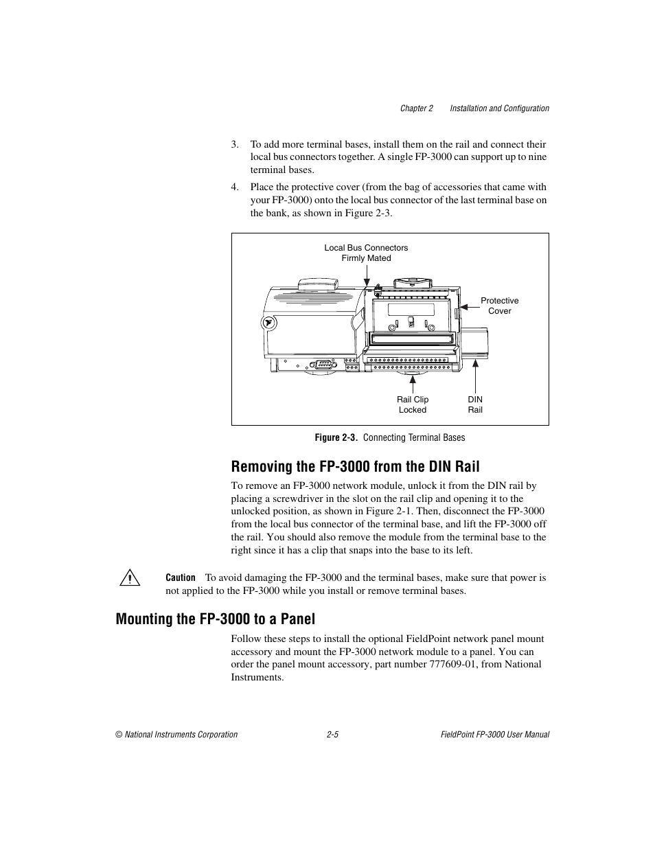 Figure 2-3. connecting terminal bases, Removing the fp-3000 from the din rail, Mounting the fp-3000 to a panel | Removing the fp-3000 from the din rail -5, Mounting the fp-3000 to a panel -5 | National Instruments FP-3000 User Manual | Page 23 / 155
