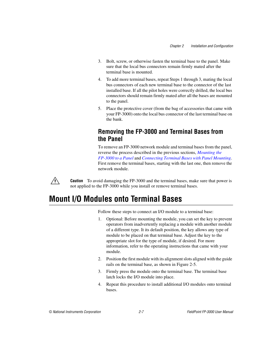 Mount i/o modules onto terminal bases, Mount i/o modules onto terminal bases -7 | National Instruments FP-3000 User Manual | Page 25 / 155