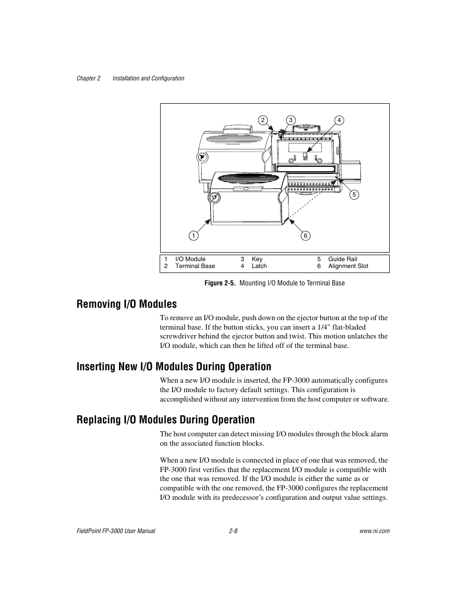 Figure 2-5. mounting i/o module to terminal base, Removing i/o modules, Inserting new i/o modules during operation | Replacing i/o modules during operation | National Instruments FP-3000 User Manual | Page 26 / 155