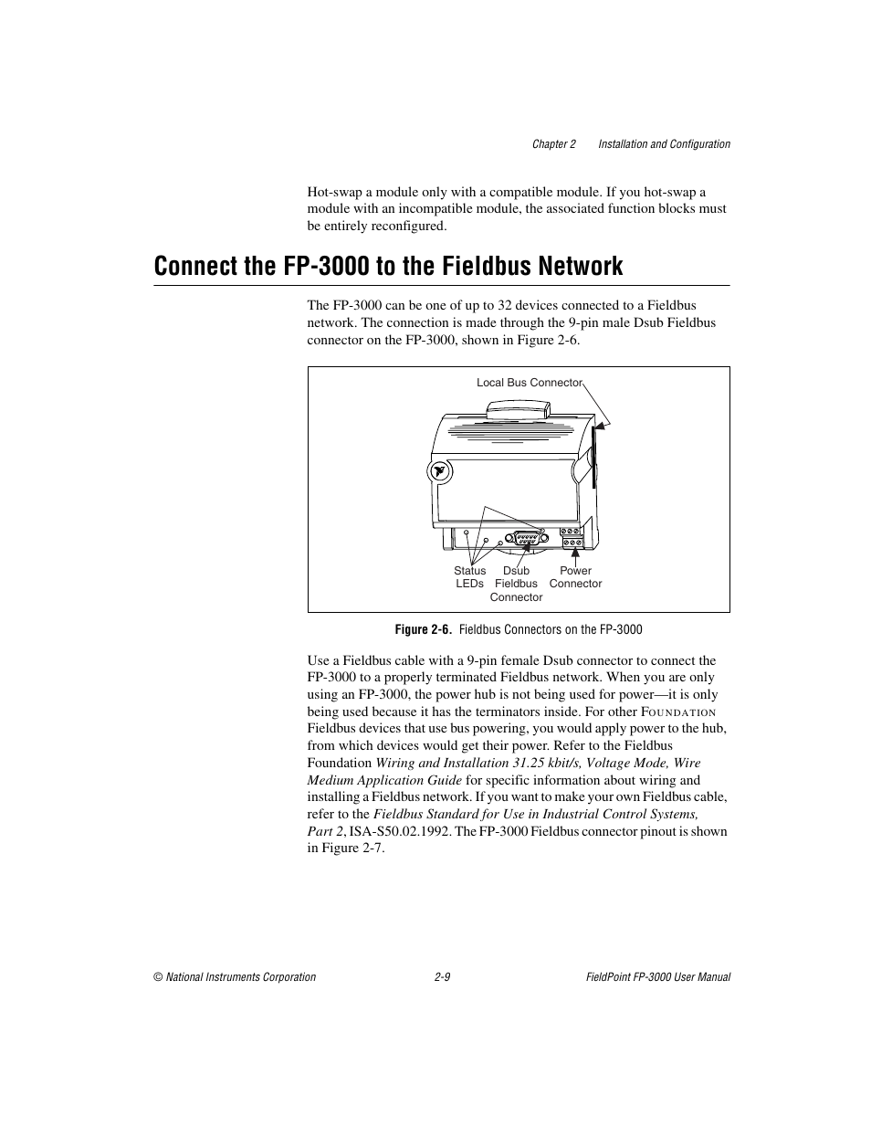 Connect the fp-3000 to the fieldbus network, Figure 2-6. fieldbus connectors on the fp-3000, Connect the fp-3000 to the fieldbus network -9 | National Instruments FP-3000 User Manual | Page 27 / 155