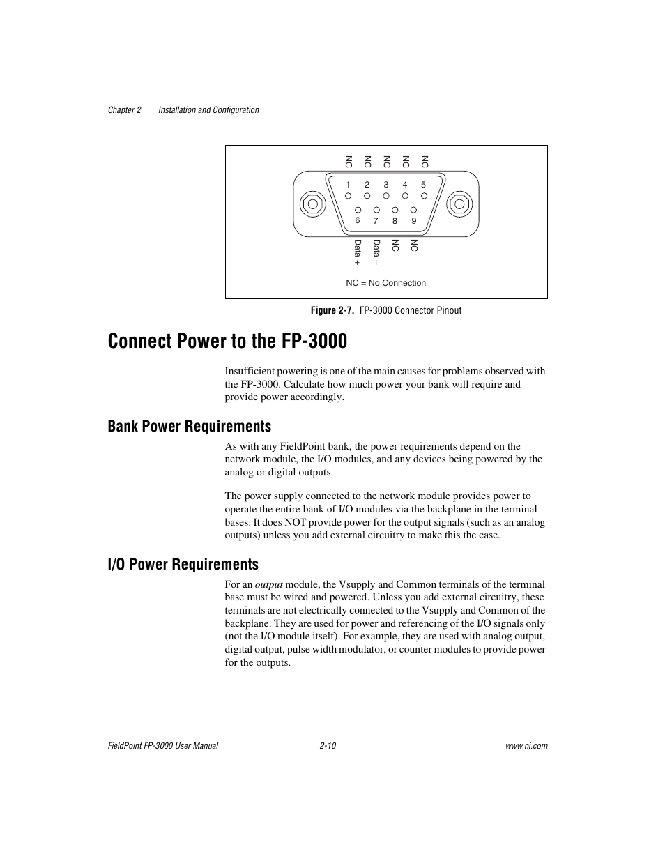 Figure 2-7. fp-3000 connector pinout, Connect power to the fp-3000, Bank power requirements | I/o power requirements, Connect power to the fp-3000 -10 | National Instruments FP-3000 User Manual | Page 28 / 155