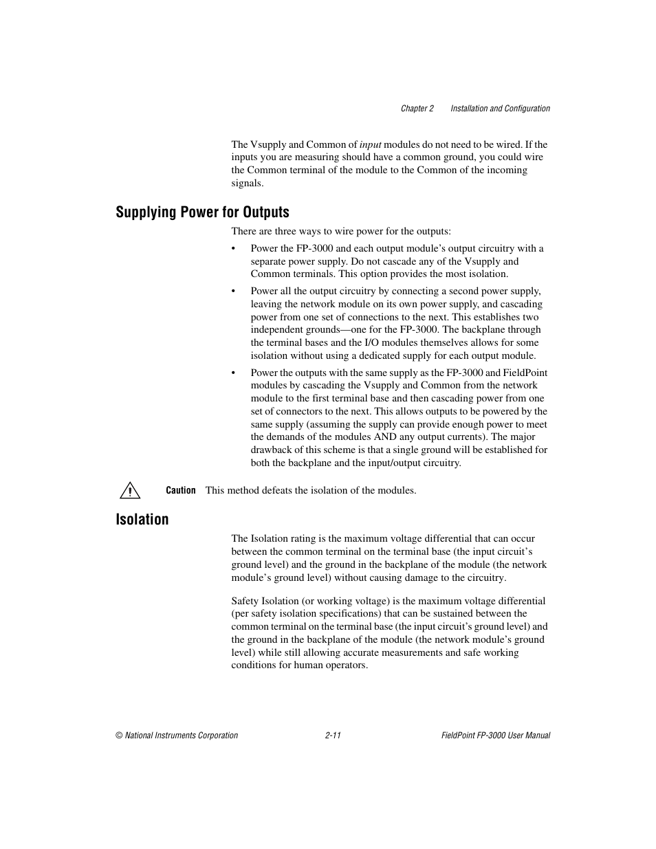 Supplying power for outputs, Isolation, Supplying power for outputs -11 isolation -11 | National Instruments FP-3000 User Manual | Page 29 / 155