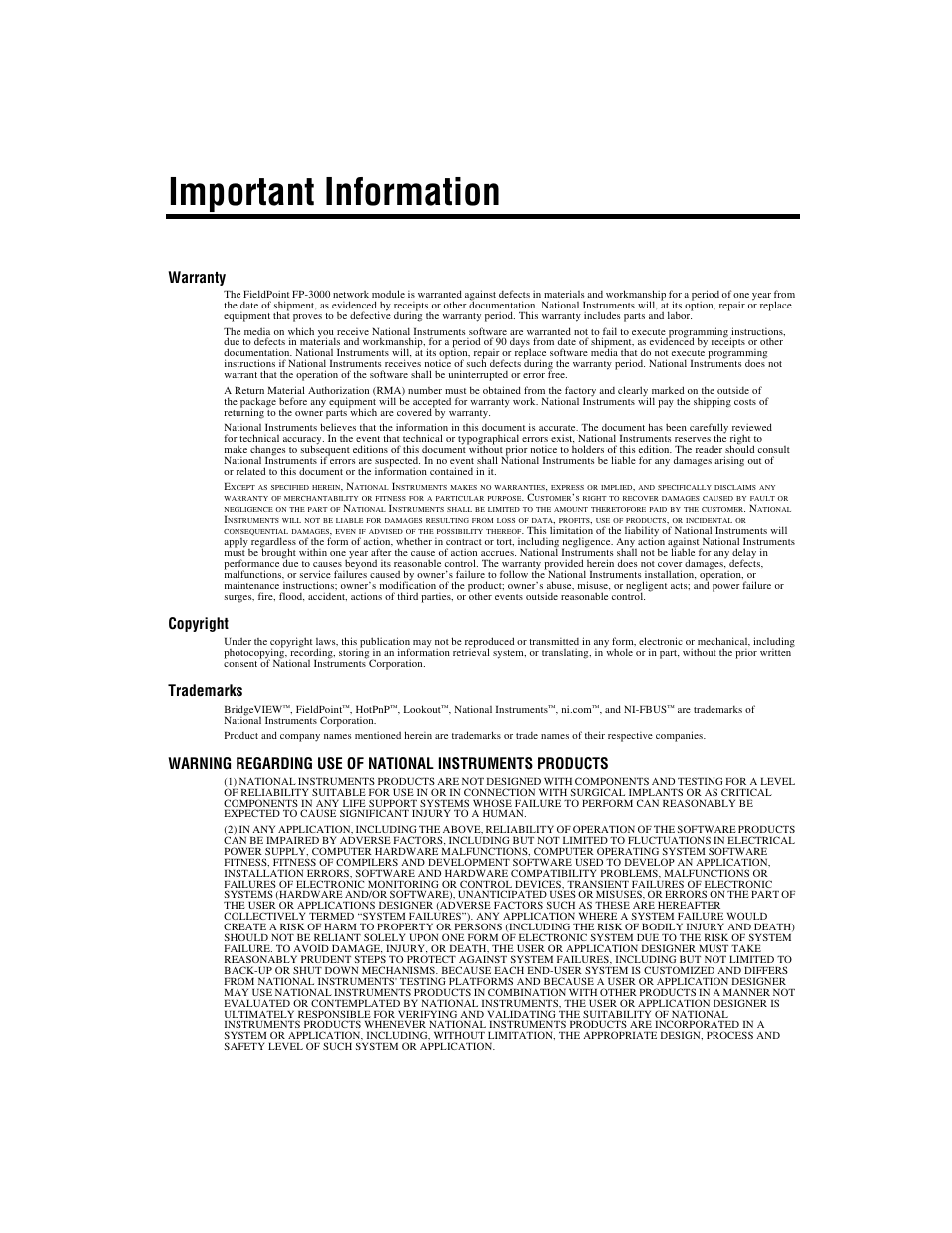 Important information, Warranty, Copyright | Trademarks | National Instruments FP-3000 User Manual | Page 3 / 155