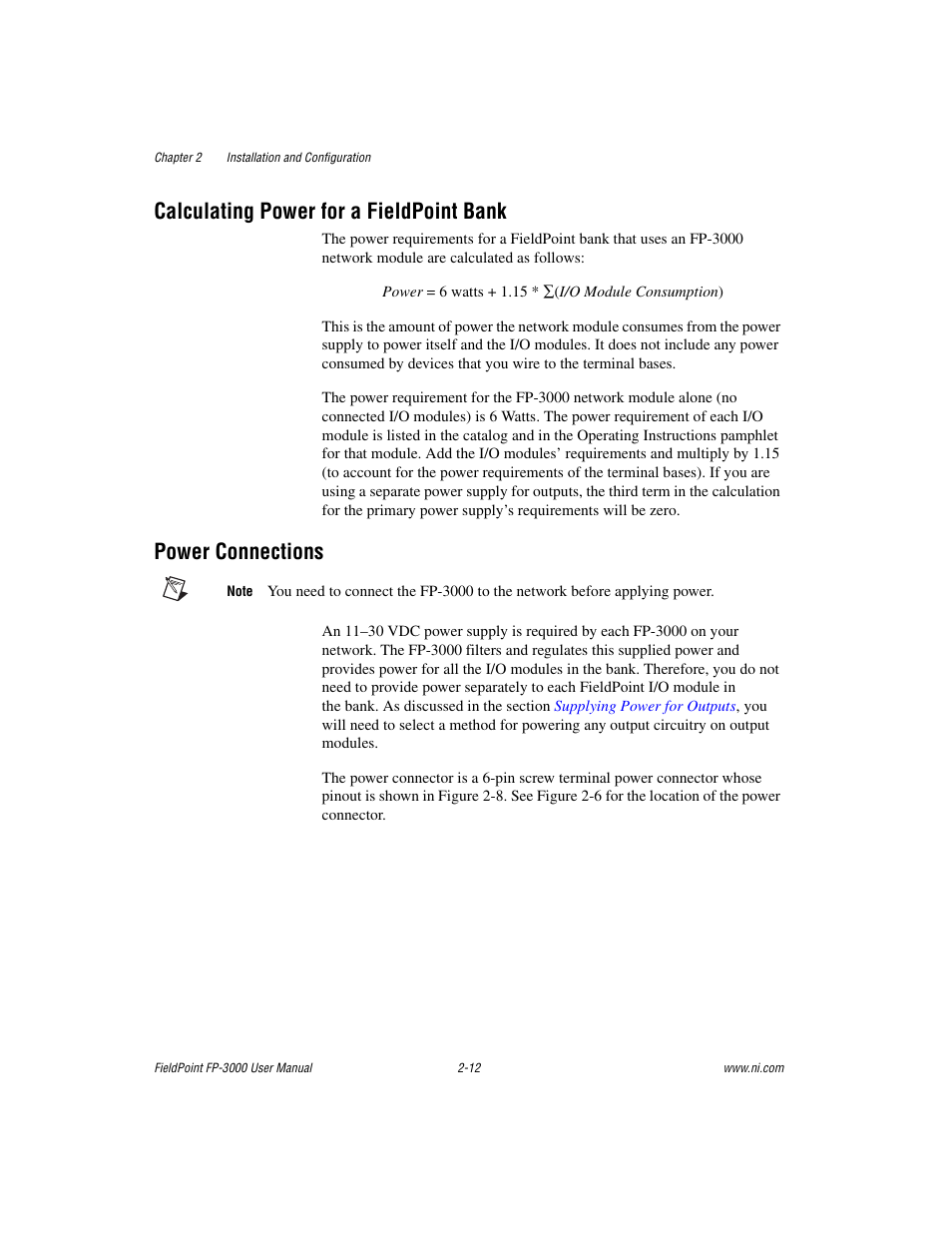 Calculating power for a fieldpoint bank, Power connections | National Instruments FP-3000 User Manual | Page 30 / 155