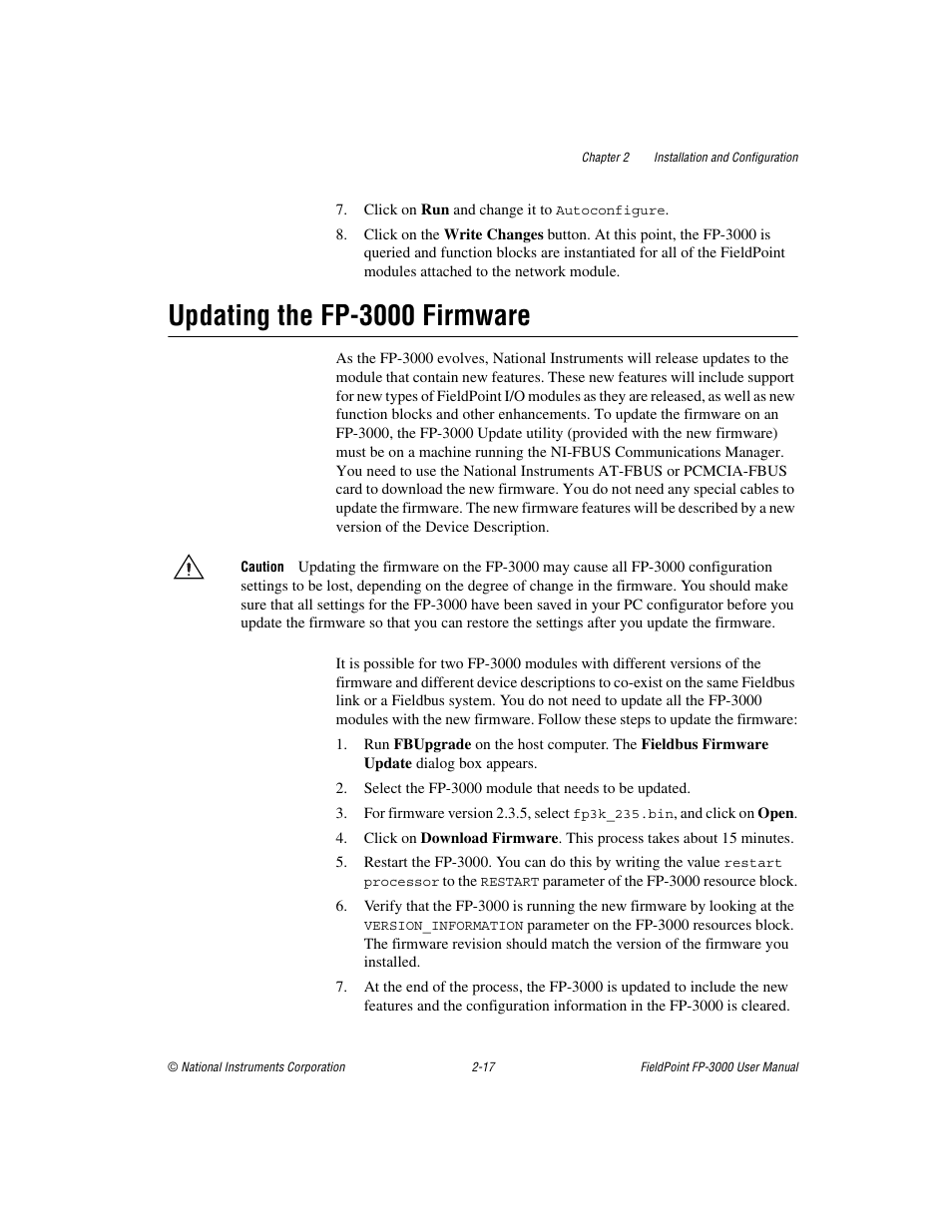 Updating the fp-3000 firmware, Updating the fp-3000 firmware -17 | National Instruments FP-3000 User Manual | Page 35 / 155