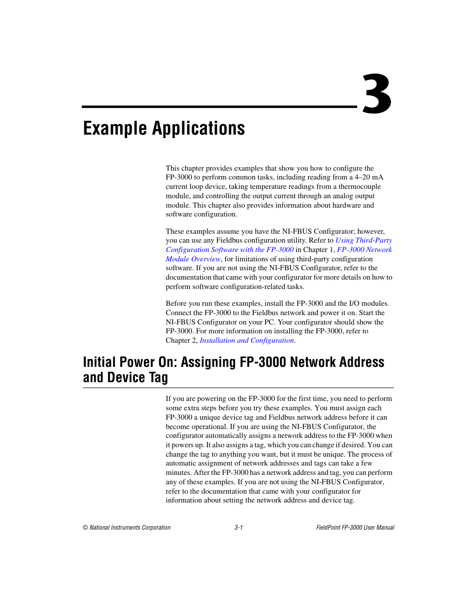 Chapter 3 example applications, Ter 3, Example applications | National Instruments FP-3000 User Manual | Page 36 / 155