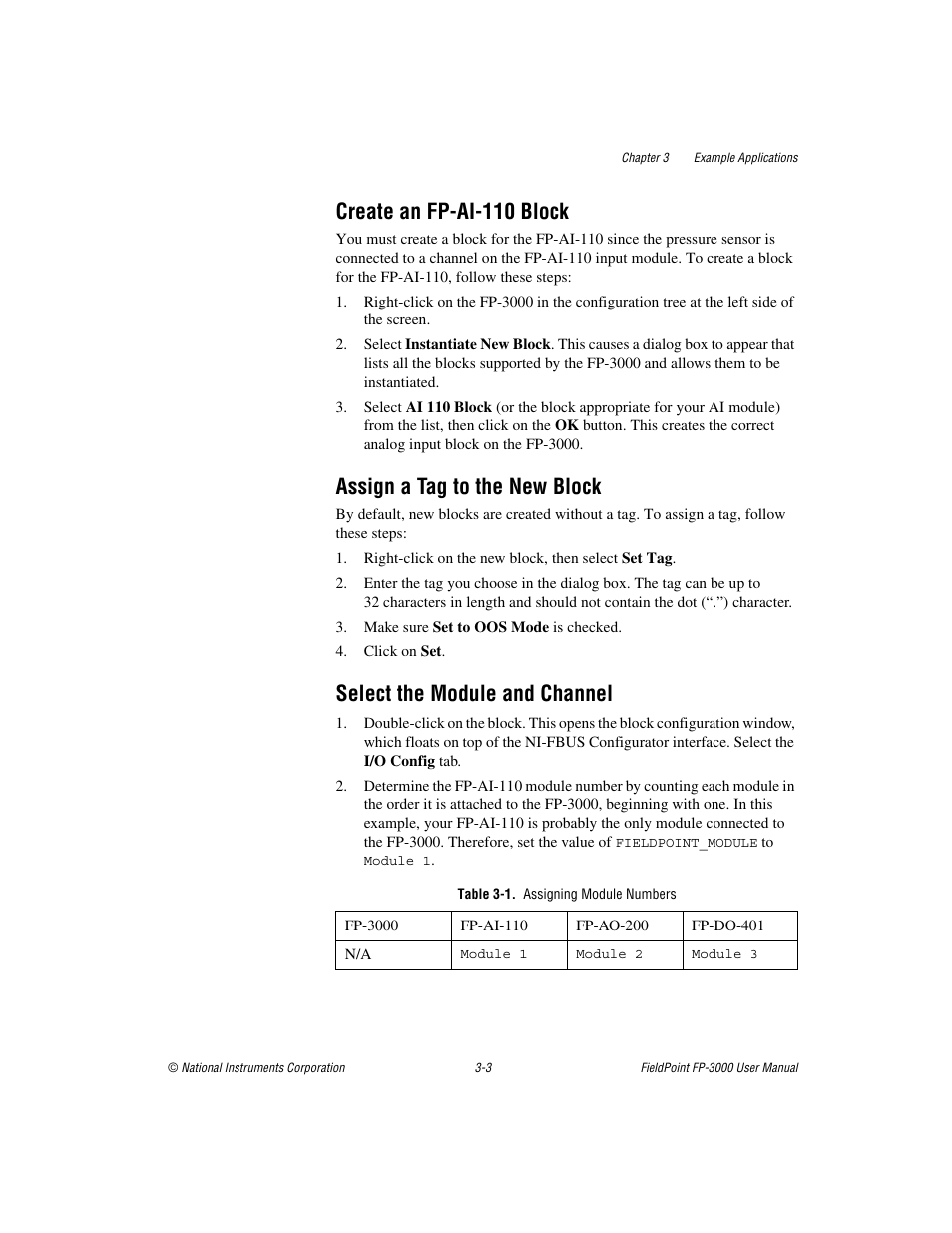 Create an fp-ai-110 block, Assign a tag to the new block, Select the module and channel | Table 3-1. assigning module numbers, Create an fp-ai-110, Block | National Instruments FP-3000 User Manual | Page 38 / 155