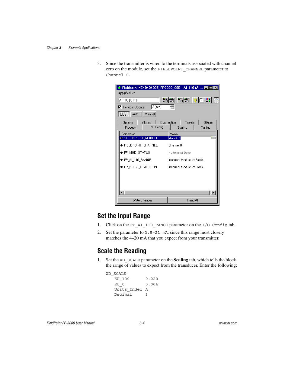 Set the input range, Scale the reading, Set the input range -4 scale the reading -4 | National Instruments FP-3000 User Manual | Page 39 / 155