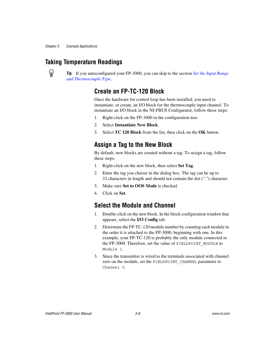 Taking temperature readings, Create an fp-tc-120 block, Assign a tag to the new block | Select the module and channel, Taking temperature readings -8 | National Instruments FP-3000 User Manual | Page 43 / 155