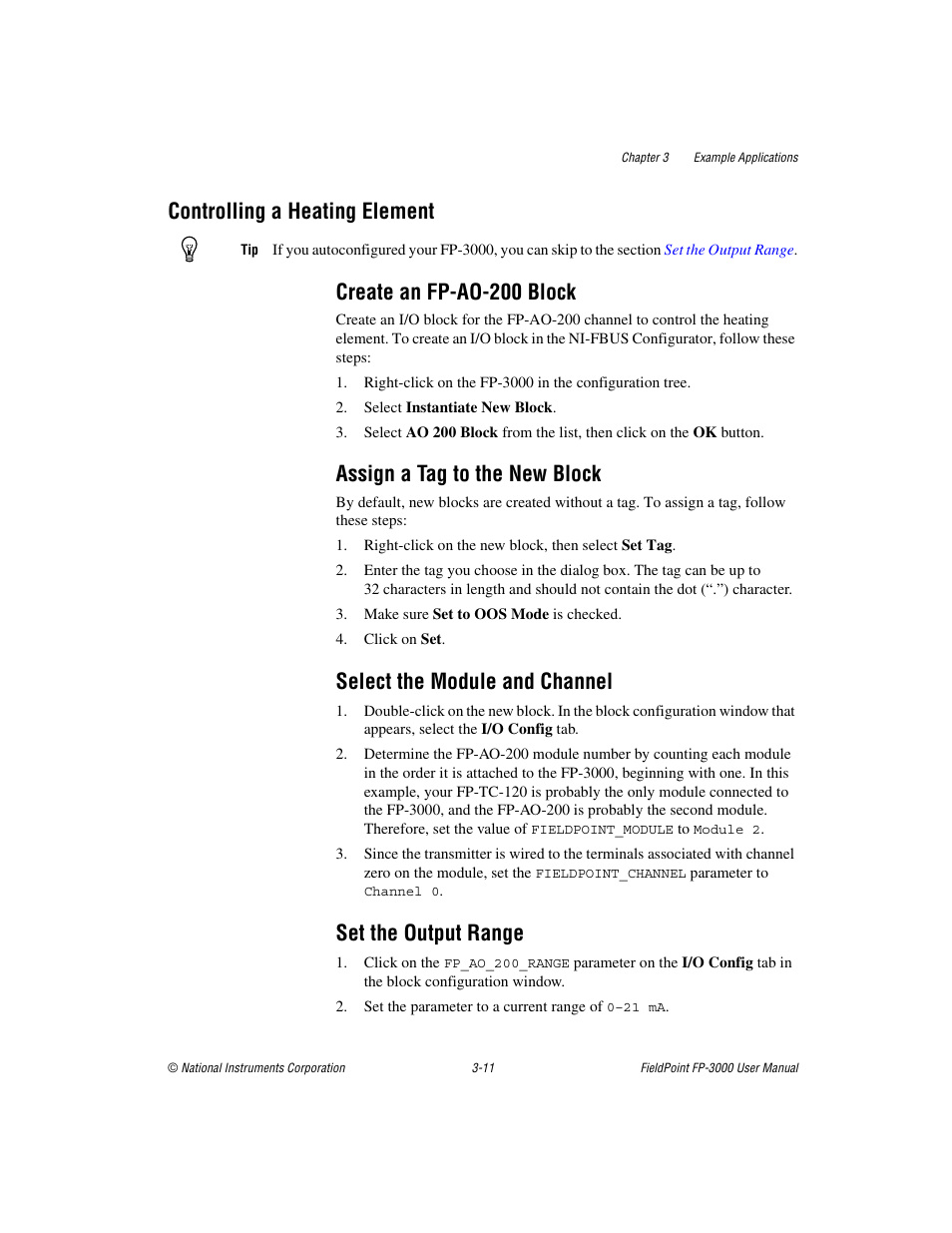 Controlling a heating element, Create an fp-ao-200 block, Assign a tag to the new block | Select the module and channel, Set the output range, Controlling a heating element -11, Controlling a, Heating element | National Instruments FP-3000 User Manual | Page 46 / 155