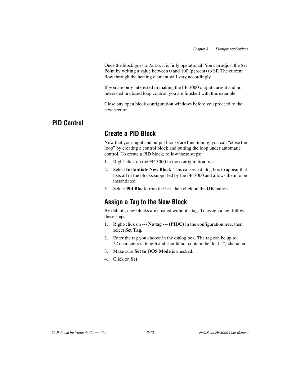 Pid control, Create a pid block, Assign a tag to the new block | Pid control -13, Pid control create a pid block | National Instruments FP-3000 User Manual | Page 48 / 155