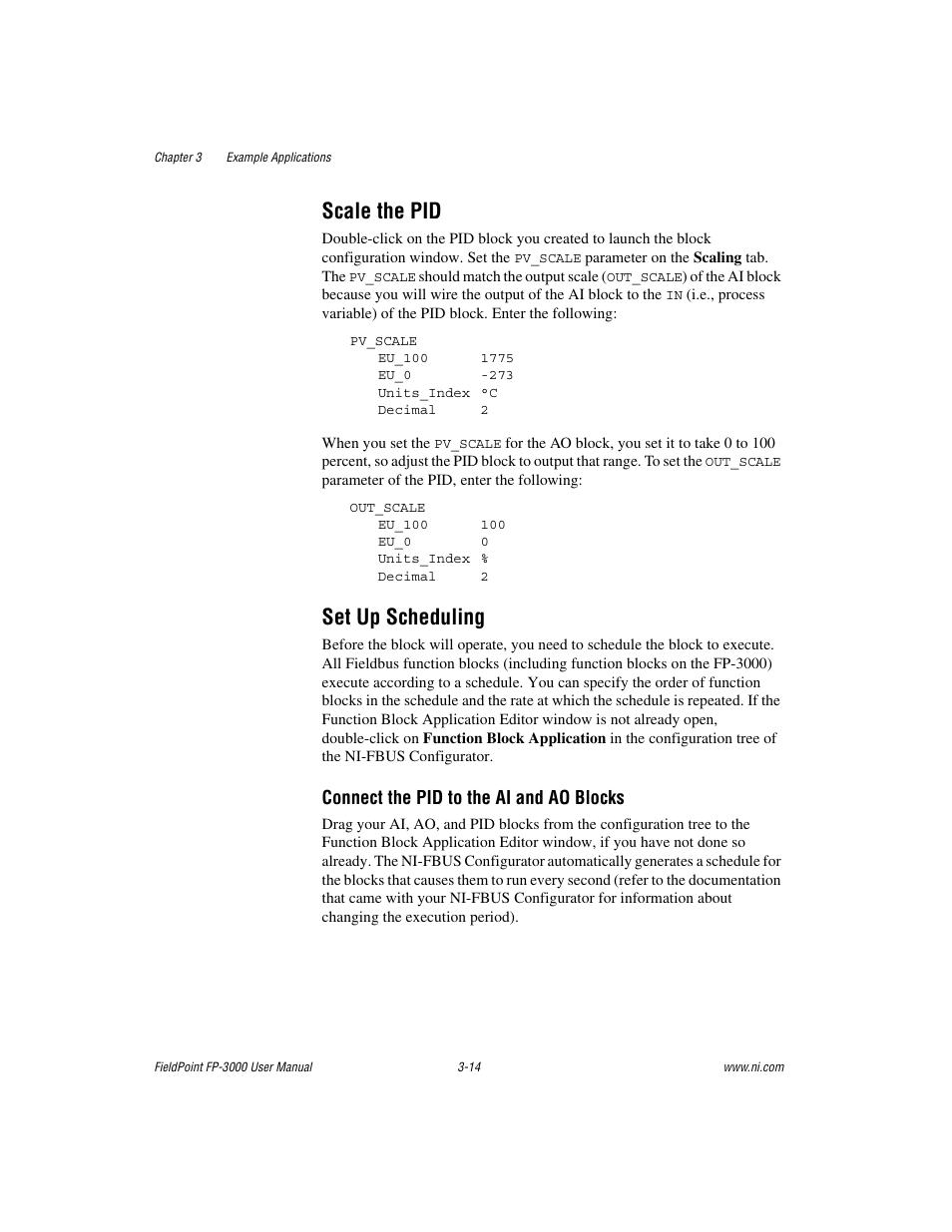 Scale the pid, Set up scheduling, Scale the pid -14 set up scheduling -14 | Set up, Scheduling, Connect the pid to the ai and ao blocks | National Instruments FP-3000 User Manual | Page 49 / 155