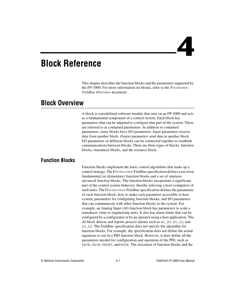 Chapter 4 block reference, Block overview, Function blocks | Block overview -1, Function blocks -1, Block, Reference, Er 4, Block reference | National Instruments FP-3000 User Manual | Page 53 / 155