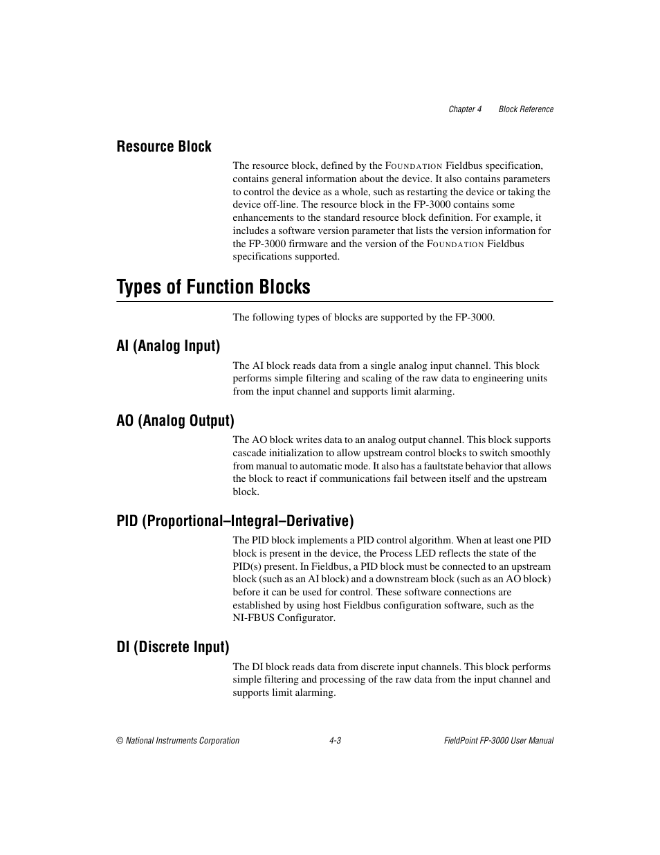 Resource block, Types of function blocks, Ai (analog input) | Ao (analog output), Pid (proportional–integral–derivative), Di (discrete input), Resource block -3, Types of function blocks -3 | National Instruments FP-3000 User Manual | Page 55 / 155